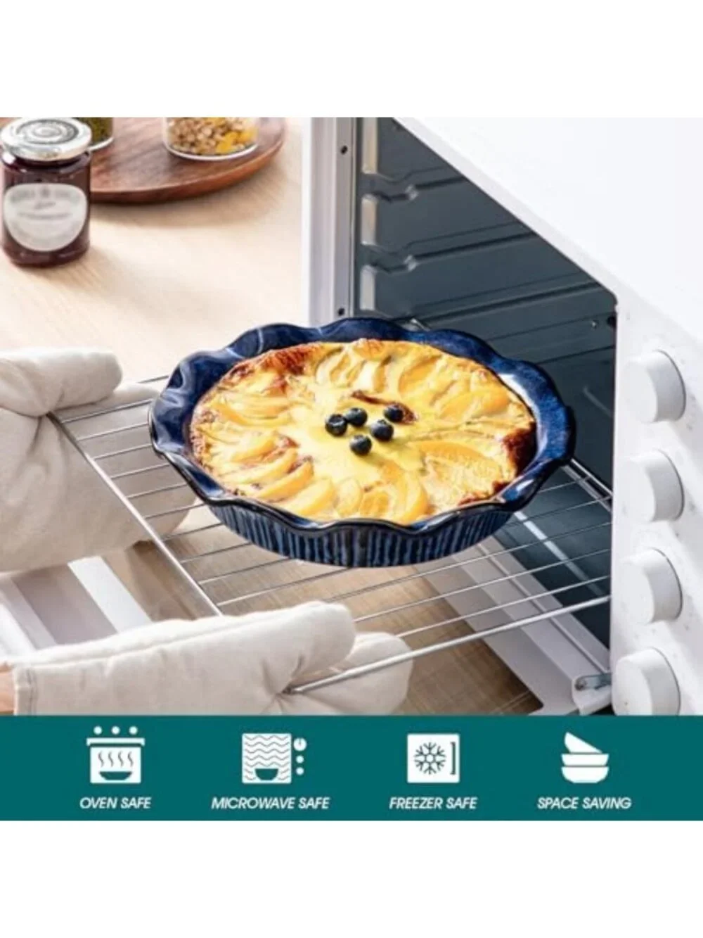 9-Inch Deep Ceramic Pie Pan for Baking - Fluted Edge, Blue Reactive Glaze Dish